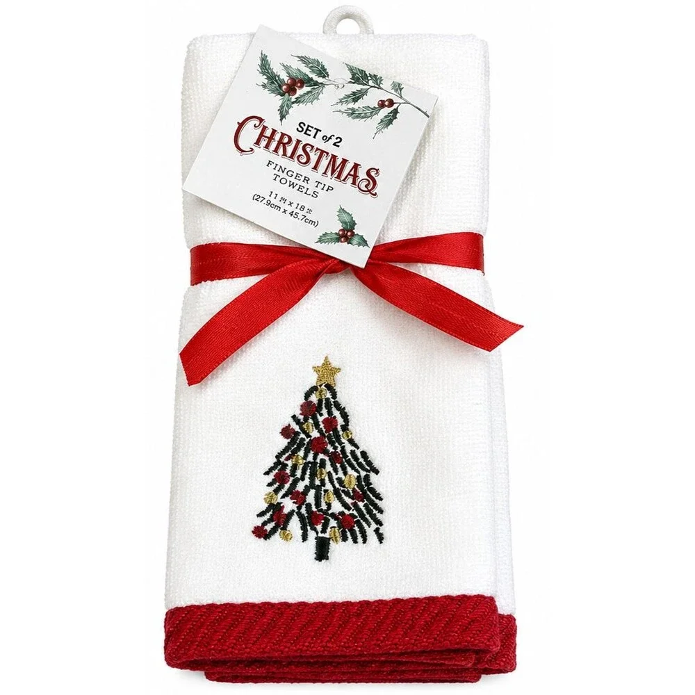 Christmas Tree Fingertip Towels Set of 2 White Embroidered 100% Cotton Guest